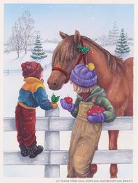 Children feeding a horse by the fence in the snow.