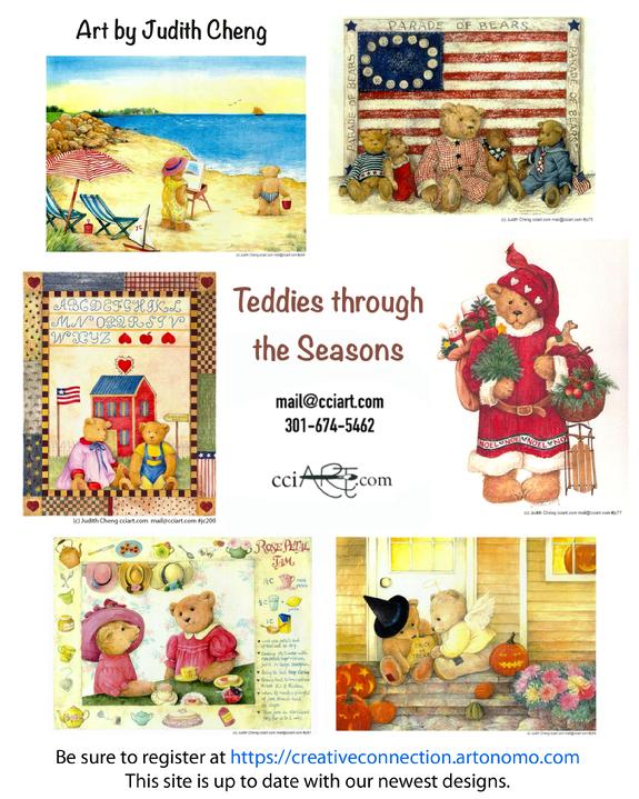 A set of 6 teddy bear paintings that include patriotic, summer, Christmas, Valentine's day and Halloween