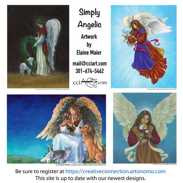 Four Angel paintings for Christmas with animals or birds.