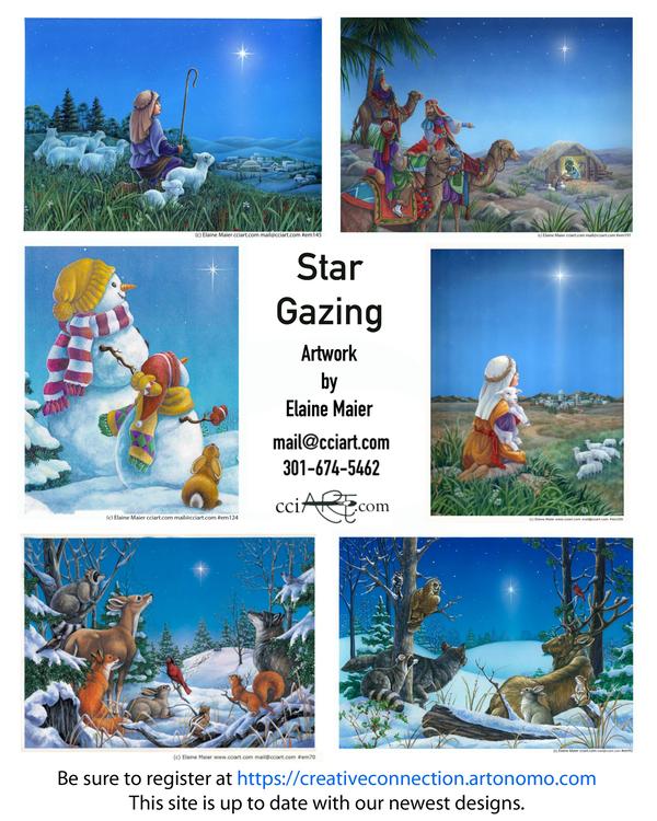 Winter Animals, Wise Men and Camels, Shepherd Boys and Sheep, Snowmen all gazing at the North Star in six beautiful paintings.