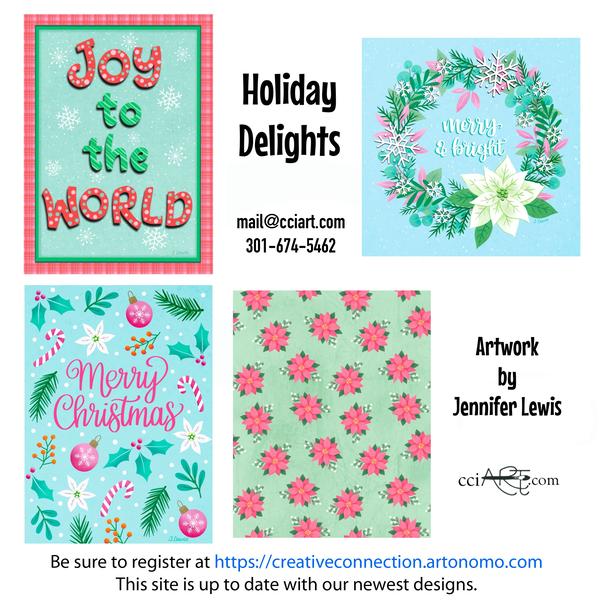 Soft Winter designs including Joy to the World, a wreath, Ornaments and all-overs.