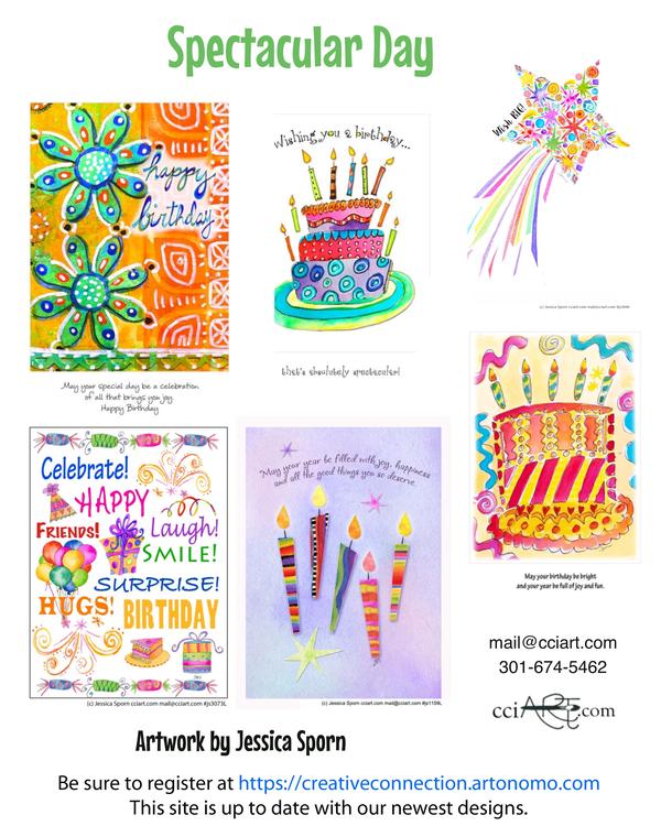 Bright and Colorful birthday designs including whimsical cakes, candles, words and more.