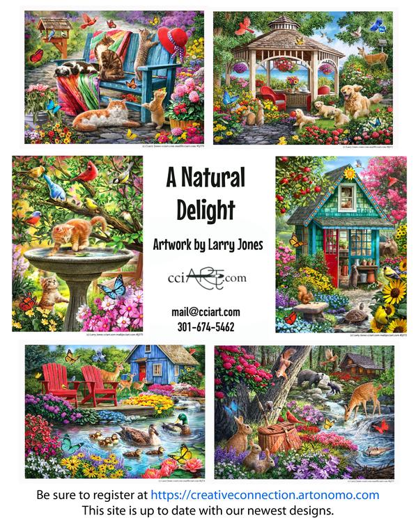 A set of six colorful garden and nature scenes with lot of flowers and animals.