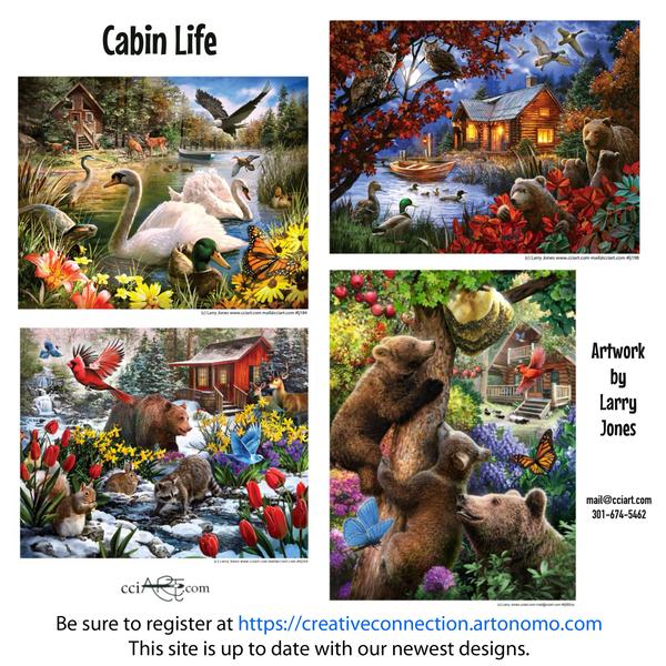 Bears, cabins, lakes and more - 4 outdoorsy designs.