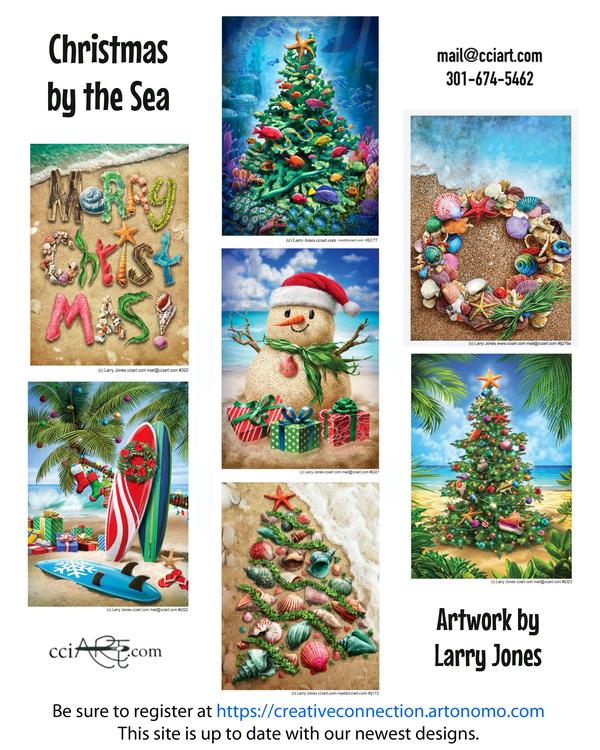 Seven Beachy/Tropical Christmas paintings including a sandman, a wreath, two trees, a shell tree, surfboards and lettering.